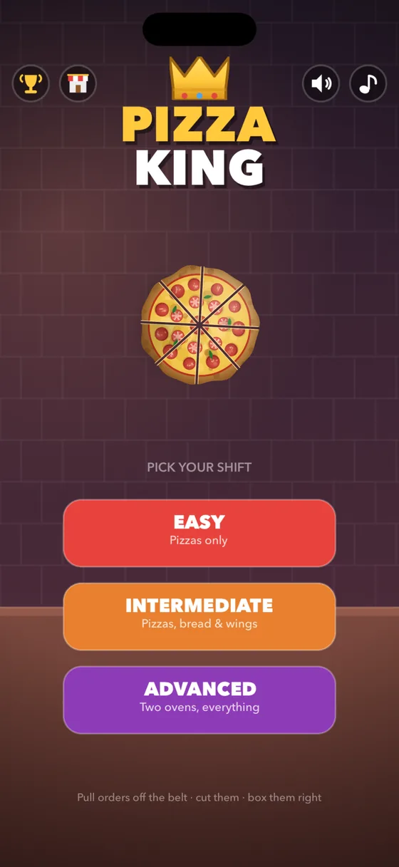 The Pizza King main menu, showing the three shifts