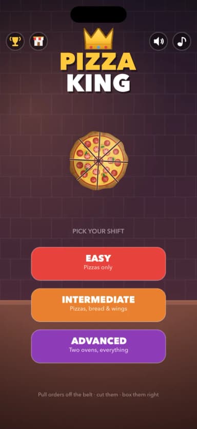 The Pizza King main menu, showing the three shifts