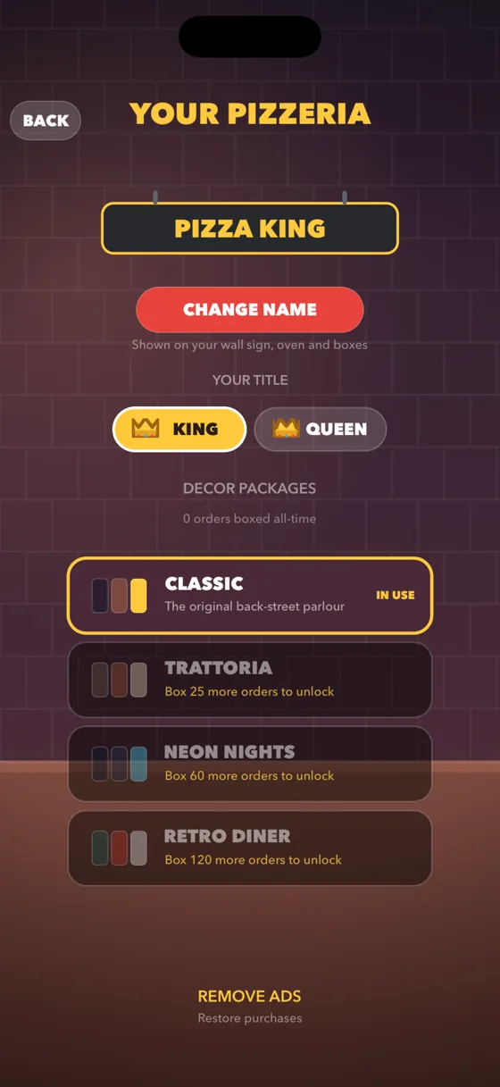The Your Pizzeria screen, showing decor packages