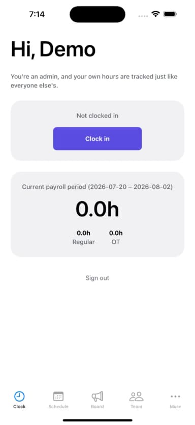 The Shiftova clock-in screen